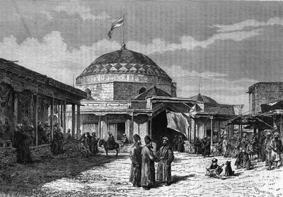 19世纪乌兹别克斯坦撒马尔罕（Samarqand或Samarkand）的大集市。1888年 "青年杂志 "上的版画。 作者 未知艺术家