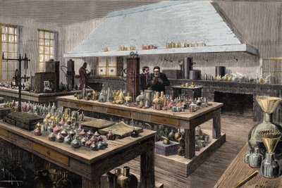 法国化学家和生物学家路易斯-巴斯德（1822-1895）在巴黎高等师范学院的伟大实验室--《路易斯-巴斯德在巴黎高等师范学院的实验室》--梅耶尔1884年绘制的版画 作者 未知艺术家