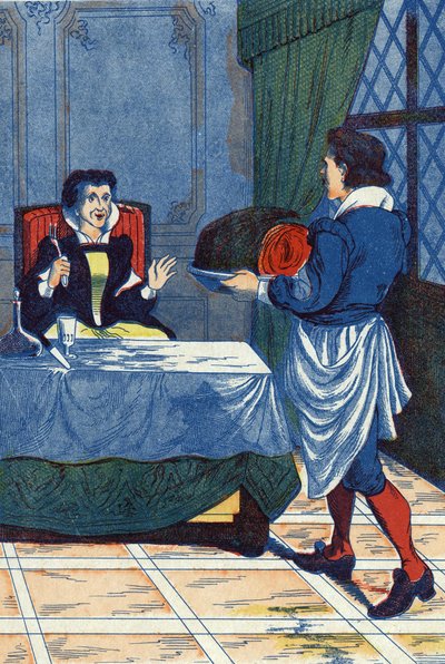 旅馆老板为女妖奉上一个孩子。法国作家Charles Perrault (1628-1703)的故事 "La belle au bois dormant "的插图。插图无名。图片：马塞尔-瓦涅，贾维尔-南希，无日期（19世纪末）。 作者 未知艺术家