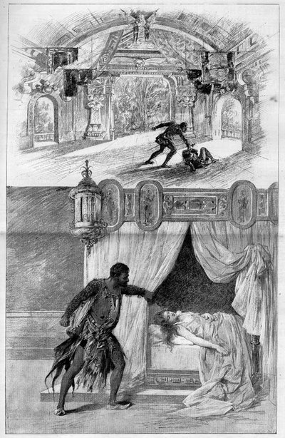 显赫的剧院。奥赛罗》，意大利作曲家朱塞佩-威尔第（1813-1901）的歌剧，2月12日在米兰的斯卡拉剧院演出。在 "杰出的世界 "中的雕刻作品 作者 Unknown artist