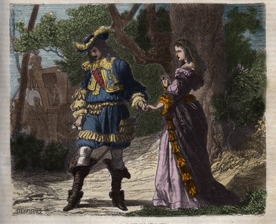 玛丽-曼奇尼（1639-1715）在1659年6月22日离开宫廷前往布鲁阿格之前与路易十四（1638-1715）的最后一次会面，马扎然枢机主教组织的流放使他远离了国王--插图取自《布拉子爵》。 作者 未知艺术家