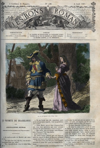 玛丽-曼奇尼（1639-1715）在1659年6月22日离开宫廷前往布鲁阿格之前与路易十四（1638-1715）的最后一次会面，马扎然枢机主教组织的流放使他远离了国王--插图取自《布拉子爵》。 作者 未知艺术家