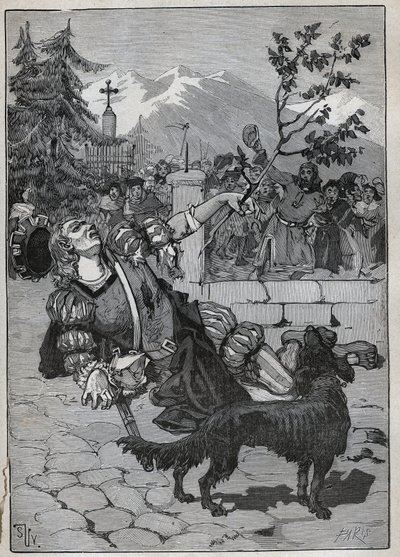 弗里堡的菩提树：1476年6月22日，赫尔维蒂联盟的一名士兵来到弗里堡，带着战场上的菩提树枝，宣布瑞士在莫拉特战役中对查理的胜利。这名士兵死于 作者 未知艺术家