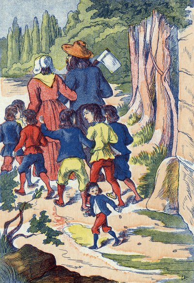 小狗在他的路上撒下石头。法国作家Charles Perrault (1628-1703)的故事《Le Pepetit poucet》的插图。匿名插图。图片来源：马塞尔-瓦涅，贾维尔-南希，无日期（19世纪末）。 作者 未知艺术家