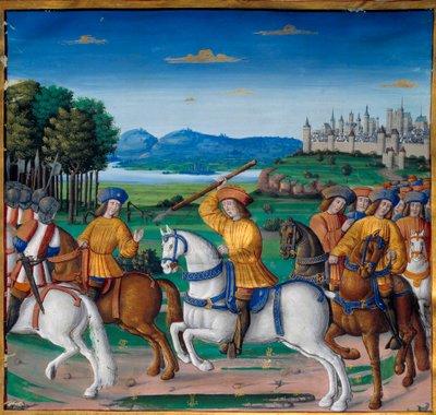 The madness of Charles VI (1368 - 1422). On 5 August 1392, in the forest of Le Mans, he began to experience attacks of furious madness: screaming for treason, he attacked his own troop and killed four people. Chronicles of Enguerrand de Monstrelet (v. 1400 作者 未知艺术家