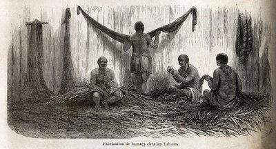 在秘鲁的 Yahua 印第安人中，用棕榈 chambira 的细线制作吊床鱼片。 1848-1860 年保罗·马科伊 (Paul Marcoy) 在“Le tour du 作者 未知艺术家