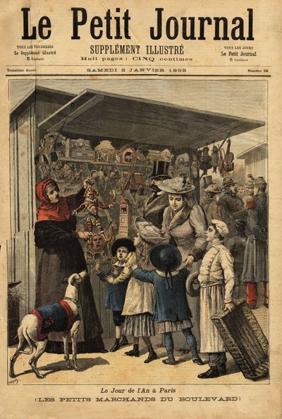 在巴黎，商人和他们的林荫道上的年节展示。1892年1月2日 "Le petit journal "上的雕刻。塞尔瓦的收藏。 作者 未知艺术家