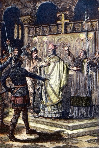 1170年12月29日，亨利二世的宫廷骑士在坎特伯雷大教堂谋杀圣托马斯-贝克特（木版画 作者 未知艺术家
