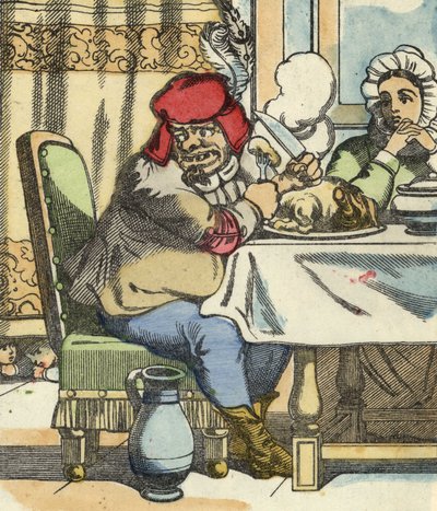 桌子上的食人魔感受到了小Poucet和他的兄弟们的存在。查尔斯-佩罗的故事 "Le Pepetit Poucet "的插图 作者 未知艺术家