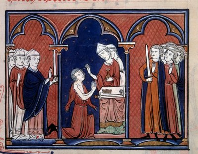 神圣的圣堂 代表国王（可能是路易九世（Saint Louis）（1214-1270））的涂油仪式。 取自“法国国王的奉献和加冕勋章”的缩影，1250 年巴黎附近，B.N. 作者 未知艺术家