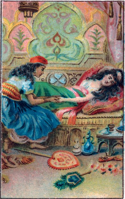 公主晕倒了。故事 "Histoire du cheval enchante "在 "Les mille et une nuits"（1001 nuits或Le mille e una notte，天方夜谭）中。19世纪末的彩色石版画。 作者 未知艺术家