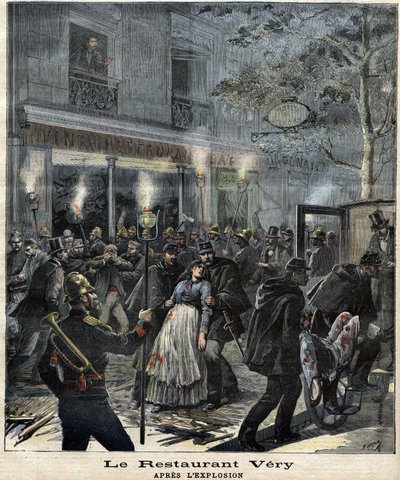 1892 年 3 月 30 日无政府主义者 Francois Koenigstein dit Ravachol (1859 - 1892) 的袭击造成爆炸后的非常（巴黎洋红色大道 24 号）餐厅。 作者 未知艺术家