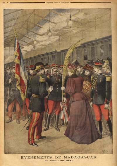 Brice Bizot 上校的第 200 团（1848-1929）返回港口供应商，佩皮尼昂的女士们在那里送给她们一个三色棕榈来庆祝她们的英雄主义。 雕刻在“”Le petit journal”” 5/01/1896。 塞尔瓦的收藏。 作者 未知艺术家