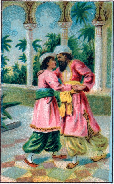 王子的回归。故事 "Histoire du cheval enchante "在 "Les mille et une nuits"(les 1001 nuits ou Le mille e una notte, Arabian Nights)。19世纪末的彩色石版画。 作者 未知艺术家