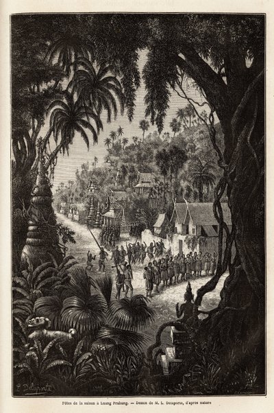 The season celebrations in Luang Prabang, royal capital of Lan Xang (kingdom of the million elephants) (present-day Laos), consisting of a procession of the inhabitants and a pagoda of worship throughout the city. Engraving to illustrate a voyage of explor 作者 未知艺术家