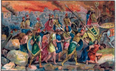 公元前586年，巴比伦国王尼布甲尼撒二世（公元前630年至公元前562年）对耶路撒冷城的围攻，以及耶路撒冷城和圣殿的毁灭。19世纪末的彩色石版画。 作者 未知艺术家