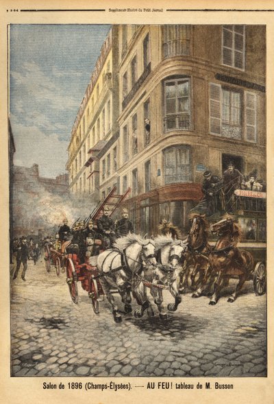 根据布森先生的一幅画，巴黎消防员的蒸汽泵和车辆。 1896 年 5 月 3 日在“Le petit journal”上雕刻。 塞尔瓦的收藏。 作者 未知艺术家
