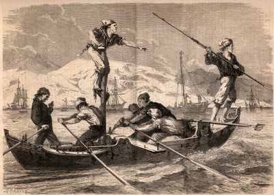 1862年，意大利西西里岛海岸的剑鱼鱼叉捕鱼（pesce spada，剑鱼）。1862年 "Le Monde illustrious "中的雕刻。私人收藏。 作者 未知艺术家