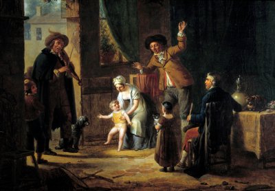 旅行的音乐家 一位小提琴家在家门口演奏音乐。 无名画。 1819 年巴黎，装饰艺术 作者 Unknown artist