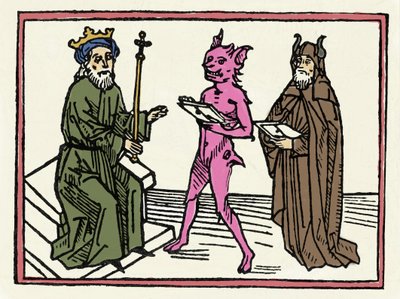 The trial of Belial: “Demon Belial presents his credentials to Judge Solomon” “Engraving from “The trial of Belial”” by Jacobus de Teramo (or Palladino), Ausburg 作者 未知艺术家