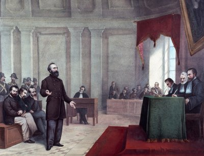 对 1858 年 1 月 14 日袭击拿破仑三世的 Felice Orsini (1819 - 1858) 的审判。 19 世纪末的石版画。 米兰私人收藏 ©Luisa Ricciarini/Leemage 作者 未知艺术家