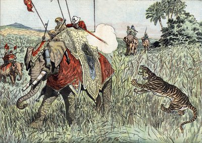 威尔士亲王（当时的爱德华八世，温莎公爵）（1894-1972 年）前往英属印度群岛的航行，此处为猎虎时的情景"（威尔士亲王爱德华在英属印度猎虎时的情景 作者 未知艺术家