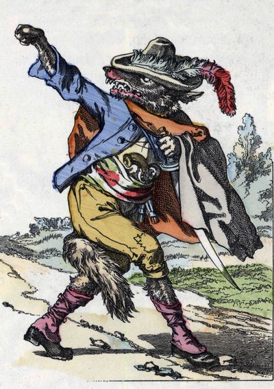 狼。根据让-德-拉封丹的寓言故事 "Compere le Loup, Maitre Renard, Comere la Chevre et ses petits biquets "的插图。载于《小家伙们的家庭故事》。19世纪的匿名版画。 作者 未知艺术家