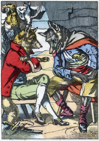 狼又遇到了狐狸。根据让-德-拉封丹的寓言故事 "Compere le Loup, Maitre Renard, Comere la Chevre et ses petits biquets "的插图。载于《小家伙们的家庭故事》。19世纪的匿名版画。 作者 未知艺术家