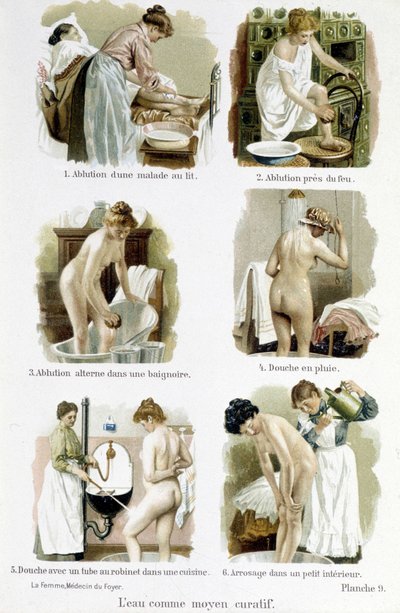 妇女，家庭医生：水是一种治疗手段。1.在床上给病人洗澡，2.用火洗澡，3.在浴缸里交替洗澡，4.雨淋，5.用厨房的水管洗澡，6.在小室内浇水--在 "妇女，家庭医生" 作者 未知艺术家