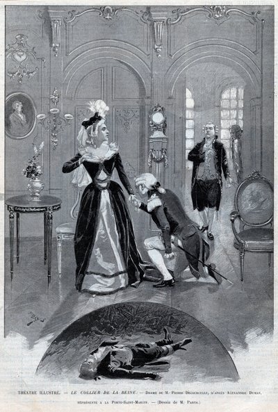 著名的剧院--"Le collier de la Reine"（风流韵事）戏剧，由皮埃尔-德库克勒（Pierre Decourcelle）创作，大仲马（Alexandre Dumas pere）--"Le collier de la Reine "戏剧，有5幕13幅画，巴黎，1895年1月31日，圣马丁门剧院 作者 Unknown artist