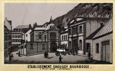 位于奥弗涅省Puy-de-Dome的Monts Dore山地的Choussy a Bourboule热力机构。19世纪末的彩色石版画。 作者 未知艺术家