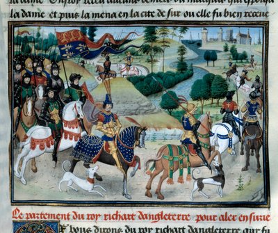 第三次十字军东征：理查德狮心号（或英格兰的理查德一世（1157-1199）于 1191 年 6 月启航前往圣地，当时塞浦路斯的缩影取自 Loyset Liedet（1420-1479）15 世纪的“皇帝编年史”。 巴黎，阿森纳图书馆 作者 未知艺术家