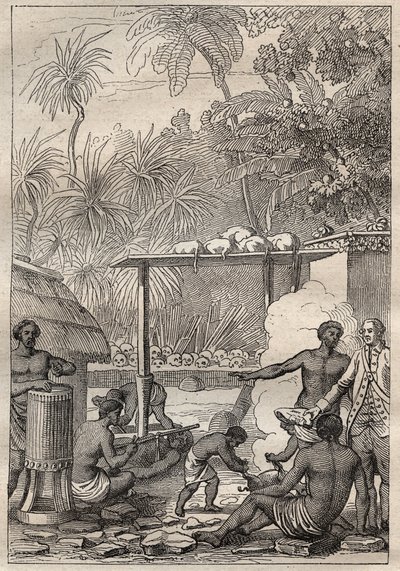 詹姆斯-库克船长（1728-1779）的第三次航行（1776-1779）：到塔希提岛的人祭 - 插图摘自 "18世纪伟大的航海家" 作者 未知艺术家