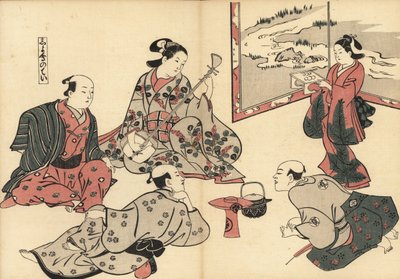 三名武士聆听一名妓女弹奏三味线，一名神室将食物放在托盘上。 奥村正信（Masanobu Okumura，1686-1764 年）的木刻版画，出自 Fuzoku Emakimono，《水务贸易图卷》，东京，约 1880 年重印。 作者 未知艺术家