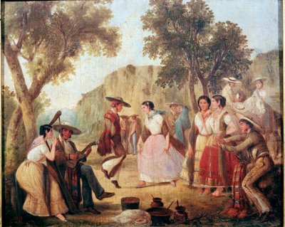 19 世纪墨西哥的传统墨西哥舞蹈绘画，国家历史博物馆，查普尔特佩克城堡 作者 未知艺术家