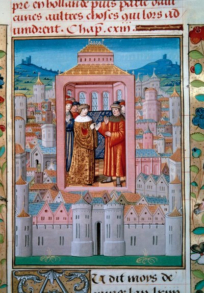 1465 年 5 月 10 日，国王路易十一和夏洛莱（后来的查理斯泰梅雷尔结束了贵族或公益联盟的起义。来自 Enguerrand de Monstrelet（1400-1453）的“Les Chronicles de Monstrelet”的缩影）签订了Conflans 条约 十五世纪 作者 未知艺术家