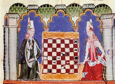 下棋的两个女人。 阿方索 X 智者或学者的手稿“Libro de los juegos”的缩影（西班牙语，Alfonso X el Sabio 作者 未知艺术家