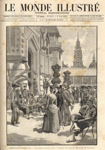 1889年世界博览会 - 殖民馆前的土著士兵（荣军院广场）。1889年6月1日的《世界画报》封面。 作者 未知艺术家