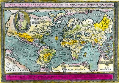 1596年的环球地理图（世界地图）。雕刻品。私人收藏。 作者 未知艺术家