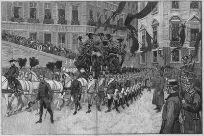 1889年维也纳。罗多尔夫亲王（哈布斯堡的罗多尔夫大公（1858 - 1889），奥地利王储的葬礼。在法国大使馆前的游行队伍。 作者 未知艺术家