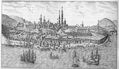 加拿大魁北克市的景色（17世纪末）。A. 堡垒花园。B. 要塞。C. 火药库。D. Les Recollets.E. 圣母院。F. 耶稣会。G. 大教堂。H. 研讨会I. Dieu酒店.L. 综合医院.L
