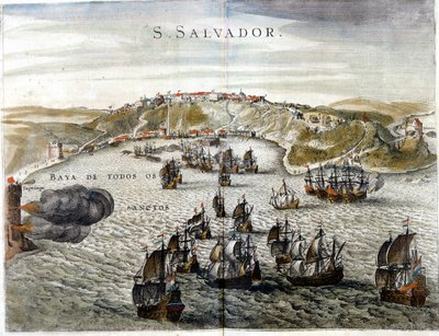 萨尔瓦多的景色，原名巴伊亚，1549 年巴西的首都，当时它成立时 - 16 世纪的雕刻 作者 未知艺术家