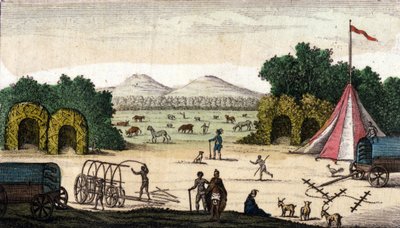 南非开普省 Pampoen Kraal (Pampoen-Kraal) 的荷兰营地（来自 Pioneers Boers 或 Voortrekers，Afrikaners）。 1860 作者 未知艺术家