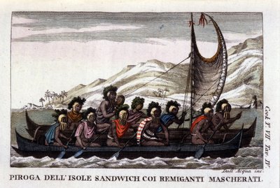 View of a canoe with sails from the Hawaiian Islands in Polynesia, the crew wears typical masks. Lithograph from the beginning of the 19th century 作者 未知艺术家