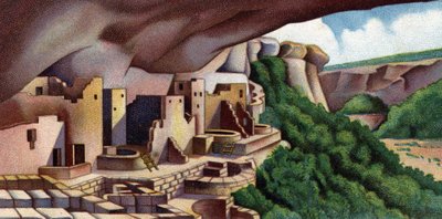 美国梅萨维德国家公园悬崖宫殿（古代普韦布洛建筑）景观（美国科罗拉多州梅萨维德国家公园内的悬崖宫殿景观，北美最大的悬崖住宅，由古代普韦布洛人建造） 1930 年代 作者 未知艺术家