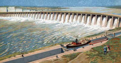 第聂伯河水电站或第聂伯河大坝 1932 年伊奥塞夫-斯大林为促进苏联工业化而修建的第聂伯河水电站或第聂伯河大坝 Chromolithography 作者 未知艺术家