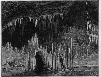 达吉兰（Lozere）山洞中的 "教堂大厅 "景观。雕刻在 "La Nature.科学及其在艺术和工业中的应用》杂志上的版画。 作者 未知艺术家