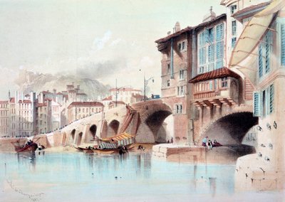 里昂市和 Pont de Charge 的景色。 1837 年的水彩画。巴黎，B.N. 作者 未知艺术家