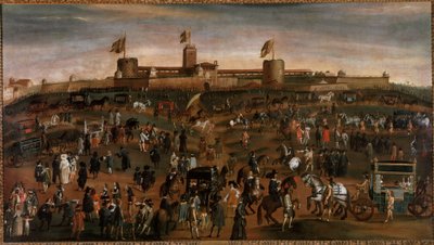 米兰市的景色、斯福尔扎城堡 (castello Sforzesco) 和马车的交通 1660-1670 年左右的匿名绘画 米兰，米兰博物馆 作者 未知艺术家