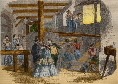 一个玻璃器皿内部的景象与玻璃吹制者。1856年在 "Le Musee Des Sciences "中的雕版画 作者 未知艺术家